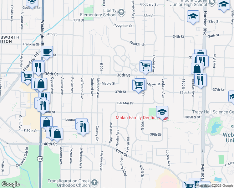 map of restaurants, bars, coffee shops, grocery stores, and more near 824 37th Street in Ogden