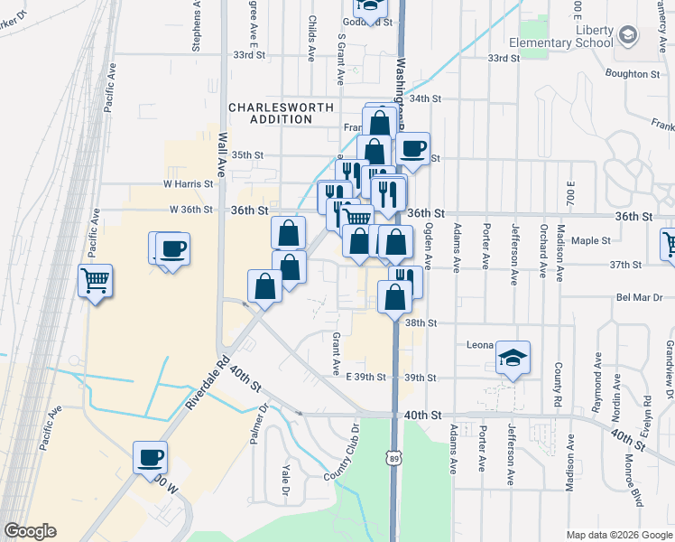 map of restaurants, bars, coffee shops, grocery stores, and more near 3704 Grant Avenue in Ogden