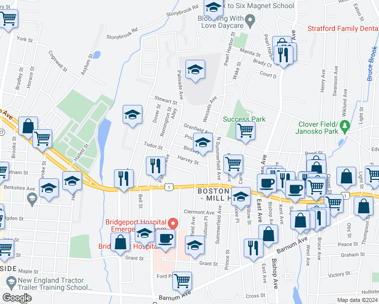 map of restaurants, bars, coffee shops, grocery stores, and more near 101 Birdsey Street in Bridgeport