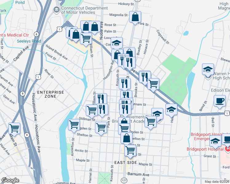 map of restaurants, bars, coffee shops, grocery stores, and more near 169 Spring Street in Bridgeport