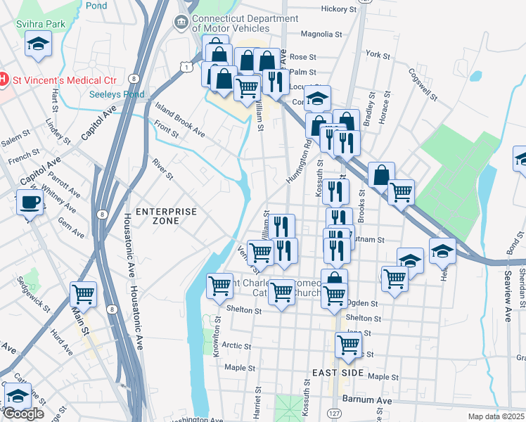 map of restaurants, bars, coffee shops, grocery stores, and more near 835 William Street in Bridgeport