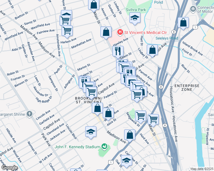 map of restaurants, bars, coffee shops, grocery stores, and more near 149 Garfield Avenue in Bridgeport