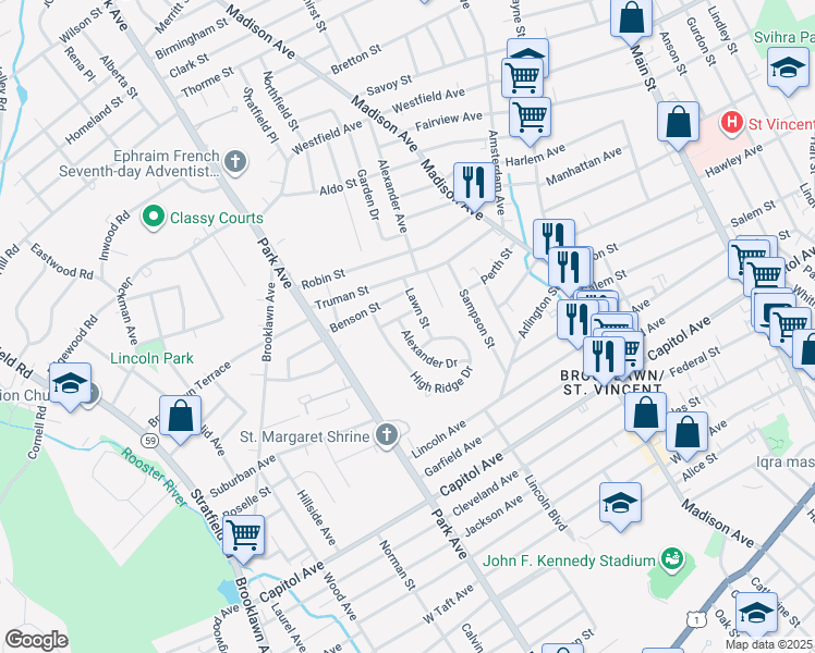 map of restaurants, bars, coffee shops, grocery stores, and more near 57 Lawn Street in Bridgeport