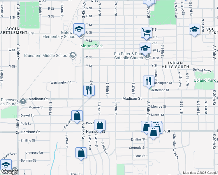 map of restaurants, bars, coffee shops, grocery stores, and more near 6209 South 40th Street in Omaha