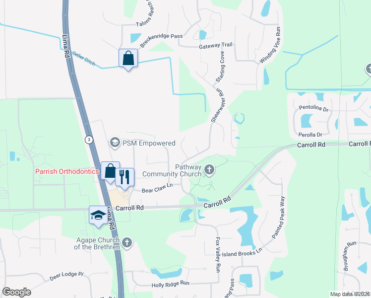 map of restaurants, bars, coffee shops, grocery stores, and more near 12306 Jacobas Place in Fort Wayne