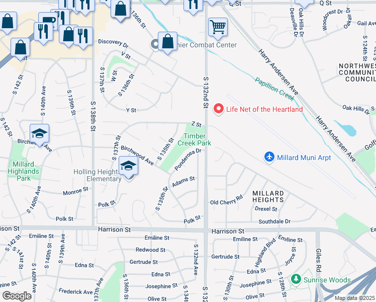 map of restaurants, bars, coffee shops, grocery stores, and more near 6228 Ponderosa Drive in Omaha
