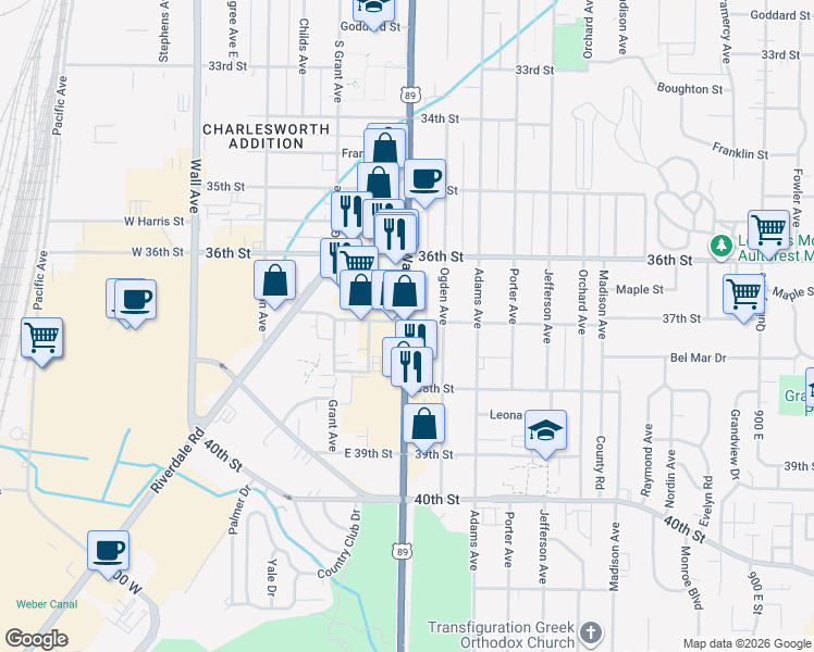 map of restaurants, bars, coffee shops, grocery stores, and more near 3700 South Washington Boulevard in South Ogden