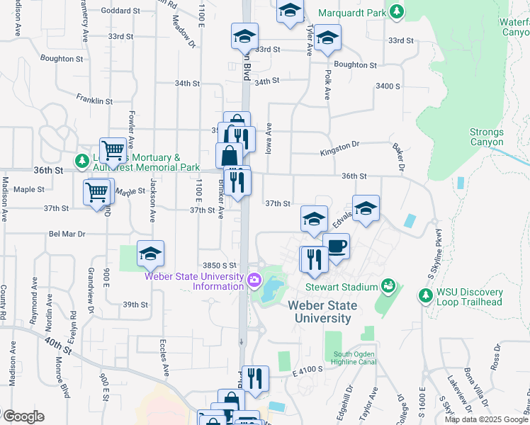 map of restaurants, bars, coffee shops, grocery stores, and more near 1245 37th Street in Ogden