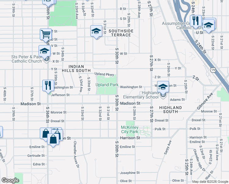 map of restaurants, bars, coffee shops, grocery stores, and more near 6206 South 30th Street in Omaha
