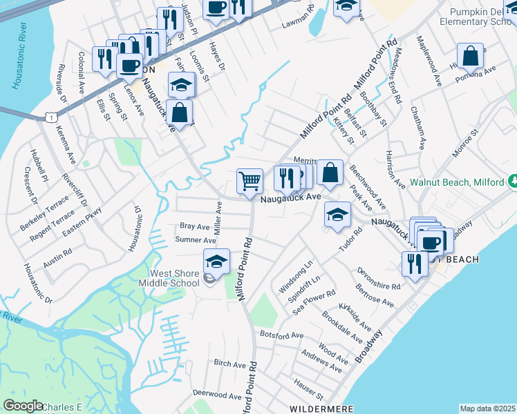 map of restaurants, bars, coffee shops, grocery stores, and more near 631 Milford Point Road in Milford