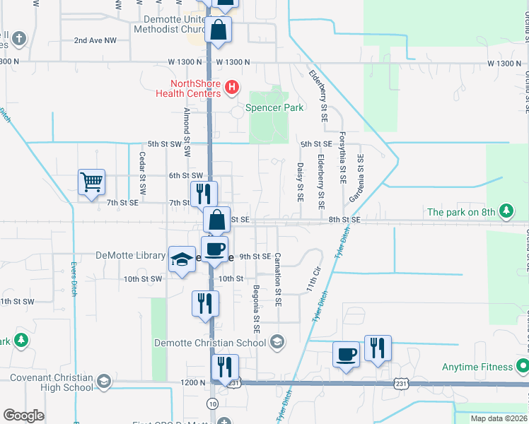 map of restaurants, bars, coffee shops, grocery stores, and more near 310 8th Street Southeast in De Motte