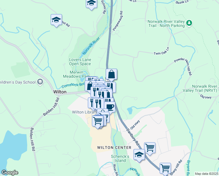 map of restaurants, bars, coffee shops, grocery stores, and more near Danbury Road & Ridgefield Road in Wilton