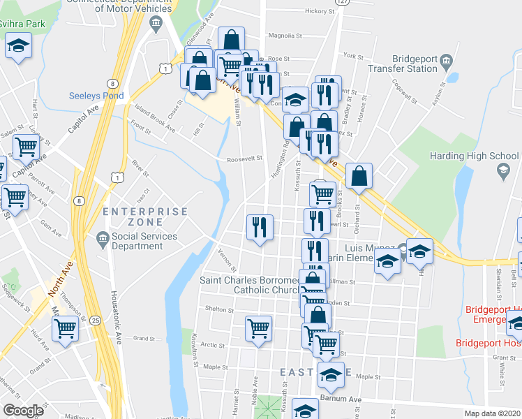 map of restaurants, bars, coffee shops, grocery stores, and more near in Bridgeport