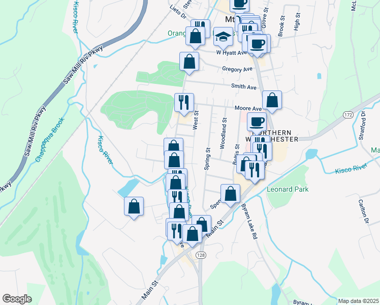map of restaurants, bars, coffee shops, grocery stores, and more near 225 West Street in Mount Kisco