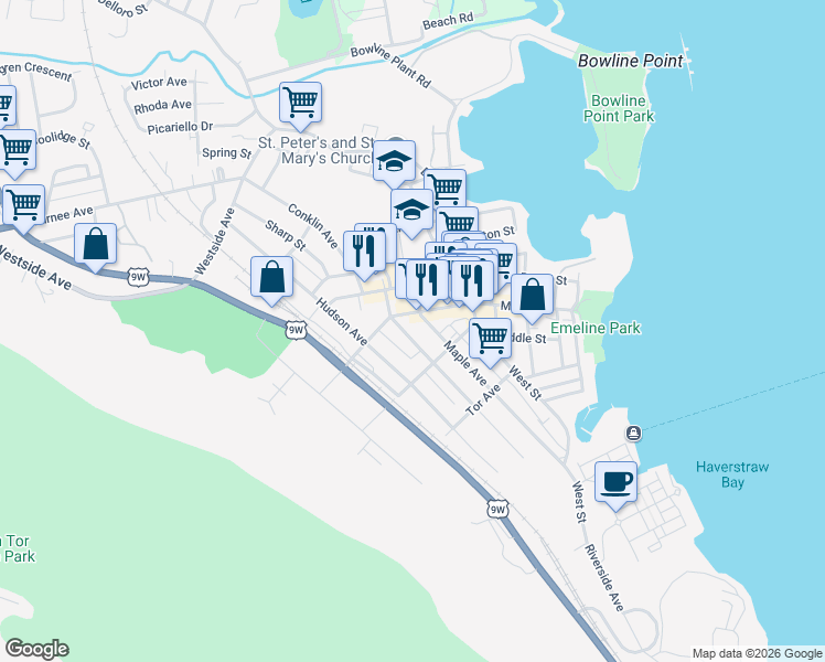 map of restaurants, bars, coffee shops, grocery stores, and more near 8 Maple Avenue in Haverstraw