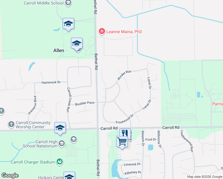 map of restaurants, bars, coffee shops, grocery stores, and more near 3311 Rivulet Run in Fort Wayne
