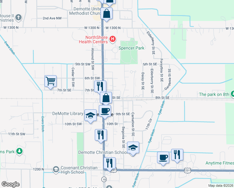 map of restaurants, bars, coffee shops, grocery stores, and more near 218 8th St SE in De Motte