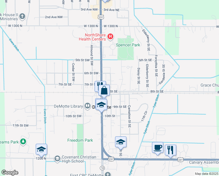 map of restaurants, bars, coffee shops, grocery stores, and more near 117 7th Street Southeast in De Motte