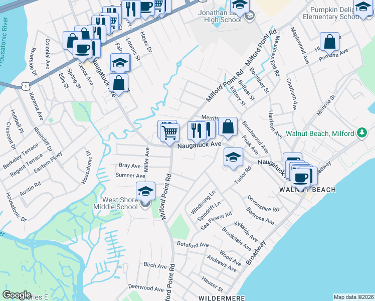 map of restaurants, bars, coffee shops, grocery stores, and more near 286 Naugatuck Avenue in Milford