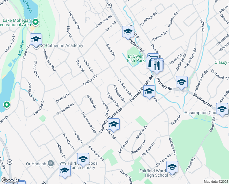 map of restaurants, bars, coffee shops, grocery stores, and more near 121 Applegate Road in Fairfield