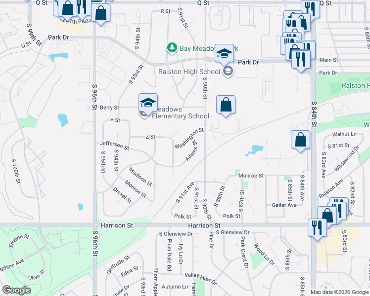map of restaurants, bars, coffee shops, grocery stores, and more near 9115 Washington Street in Omaha