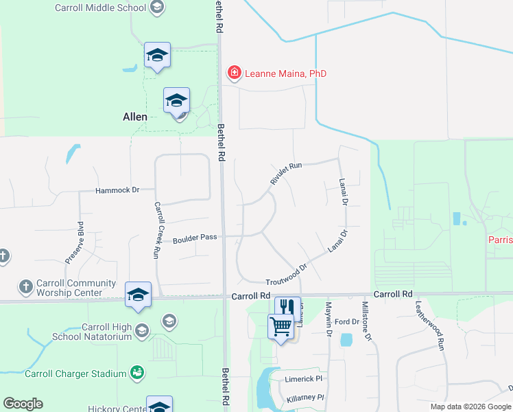 map of restaurants, bars, coffee shops, grocery stores, and more near 3311 Rivulet Run in Fort Wayne