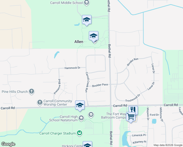 map of restaurants, bars, coffee shops, grocery stores, and more near 12414 Carroll Creek Run in Fort Wayne