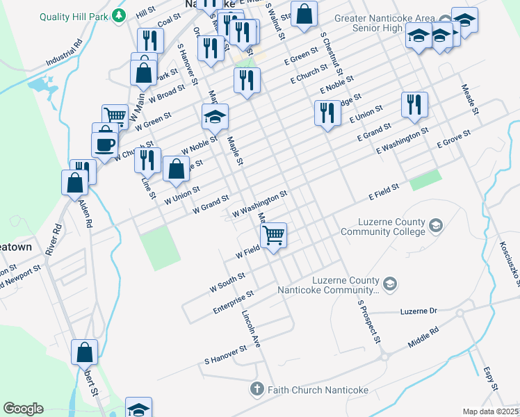 map of restaurants, bars, coffee shops, grocery stores, and more near 63 West Washington Street in Nanticoke