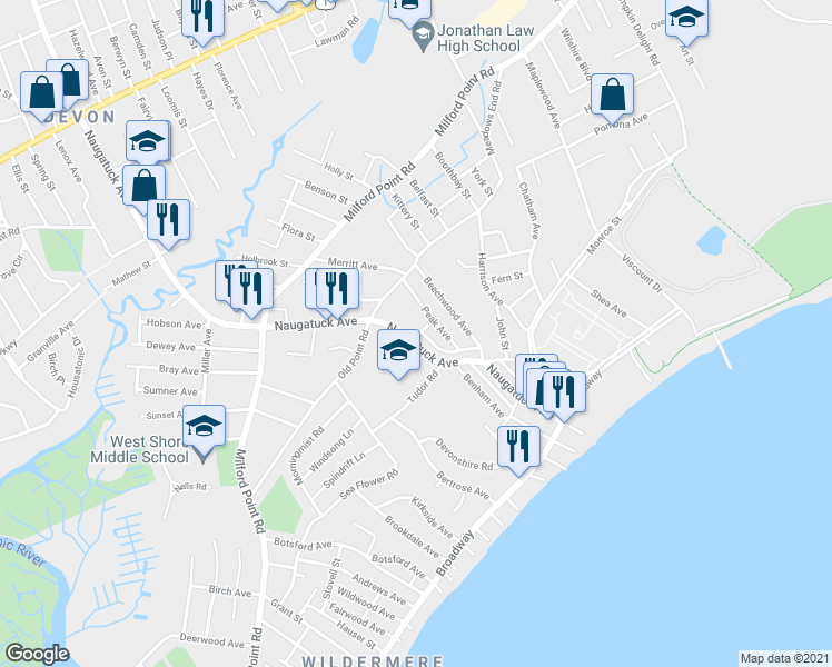 map of restaurants, bars, coffee shops, grocery stores, and more near 189 Naugatuck Avenue in Milford