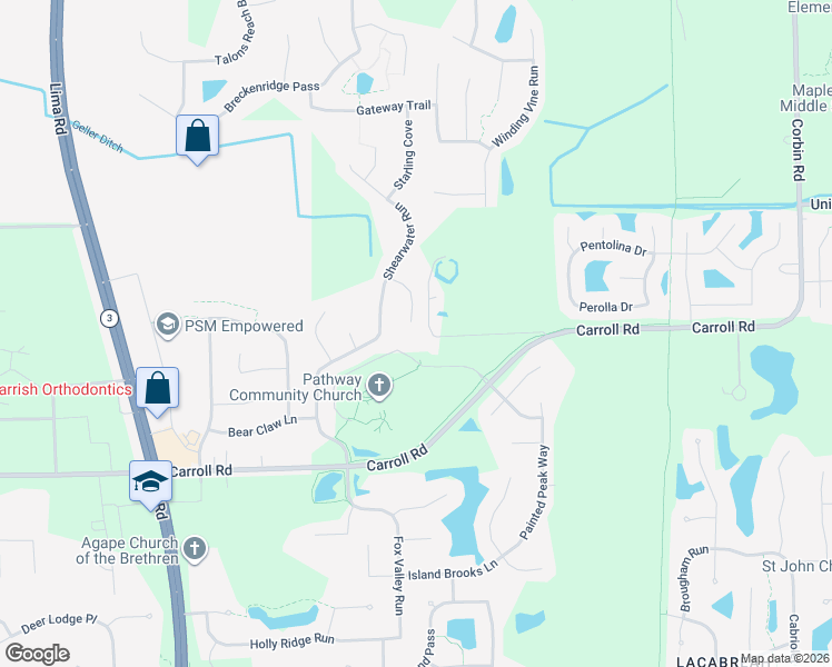 map of restaurants, bars, coffee shops, grocery stores, and more near 12310 Hummingbird Cove in Fort Wayne