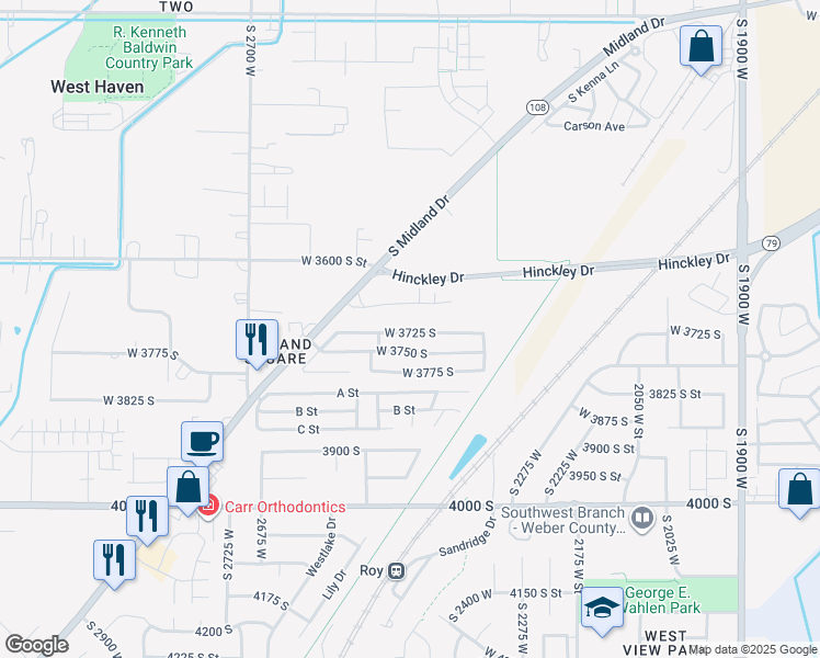 map of restaurants, bars, coffee shops, grocery stores, and more near 3750 Midland Drive in Roy