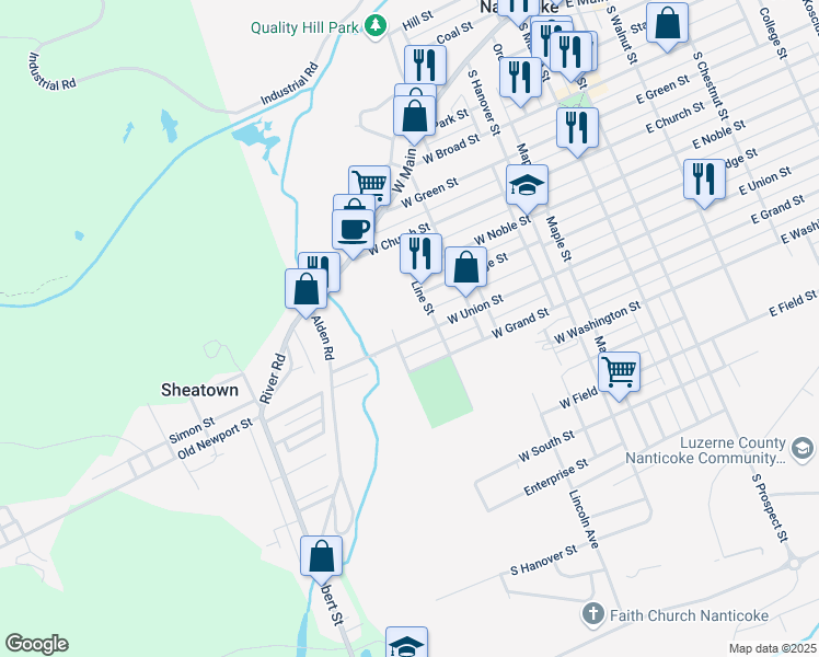 map of restaurants, bars, coffee shops, grocery stores, and more near 340 W Union St in Nanticoke