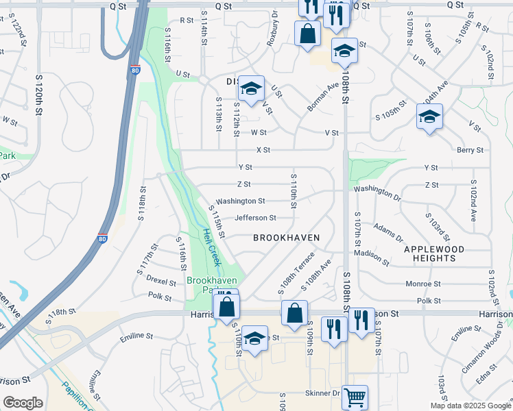 map of restaurants, bars, coffee shops, grocery stores, and more near 11117 Washington Street in Omaha
