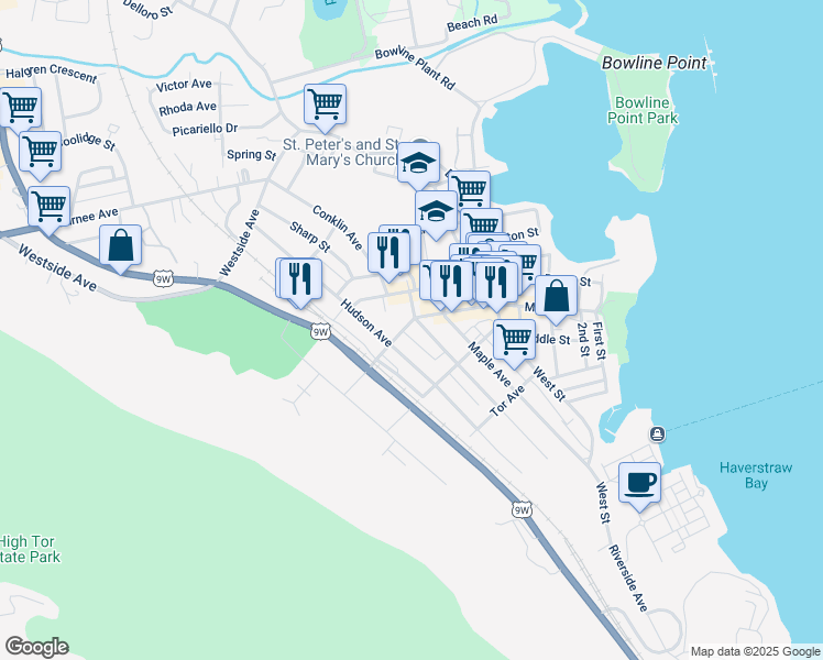 map of restaurants, bars, coffee shops, grocery stores, and more near 60 New Main Street in Haverstraw