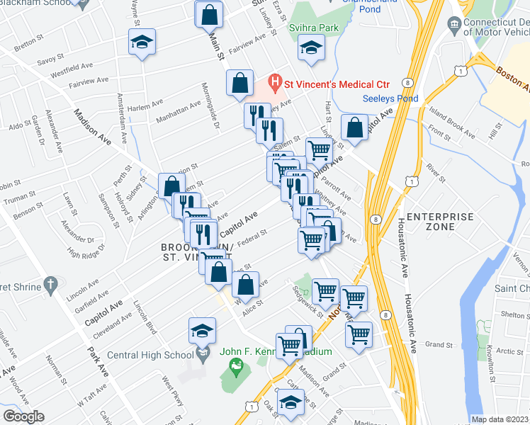 map of restaurants, bars, coffee shops, grocery stores, and more near 595 Capitol Avenue in Bridgeport