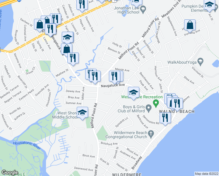 map of restaurants, bars, coffee shops, grocery stores, and more near 286 Naugatuck Avenue in Milford