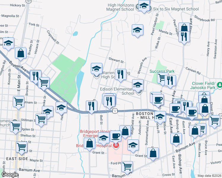 map of restaurants, bars, coffee shops, grocery stores, and more near 175 Remington Street in Bridgeport