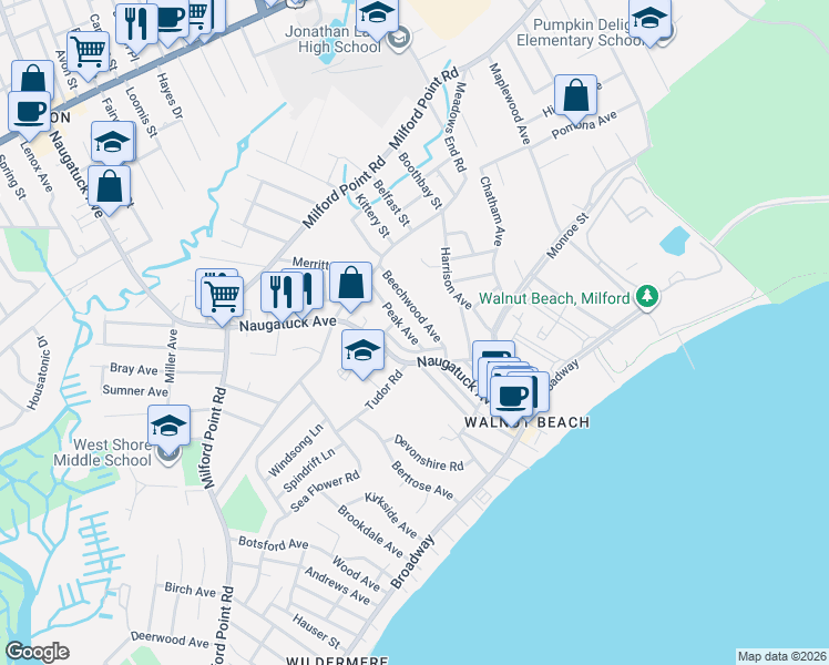 map of restaurants, bars, coffee shops, grocery stores, and more near 22 Beechwood Avenue in Milford