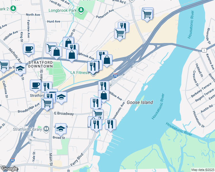 map of restaurants, bars, coffee shops, grocery stores, and more near 345 Ferry Boulevard in Stratford