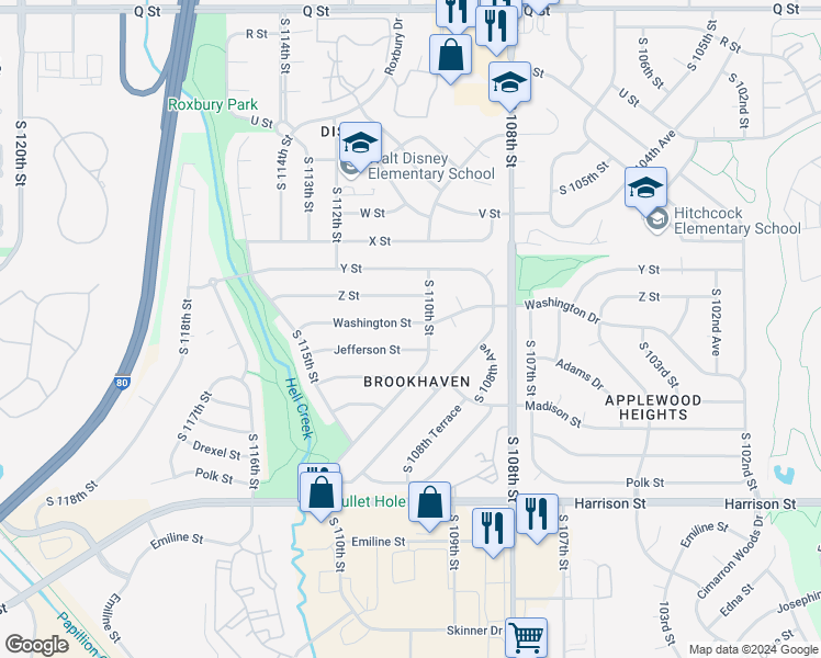 map of restaurants, bars, coffee shops, grocery stores, and more near 11017 Washington Street in Omaha