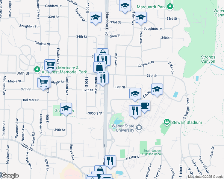 map of restaurants, bars, coffee shops, grocery stores, and more near 3673 Iowa Avenue in Ogden
