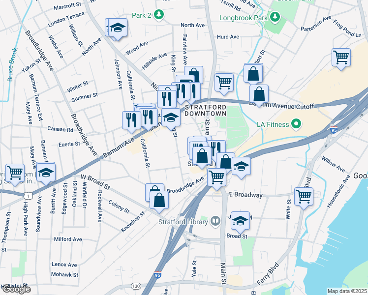 map of restaurants, bars, coffee shops, grocery stores, and more near 216 King Street in Stratford