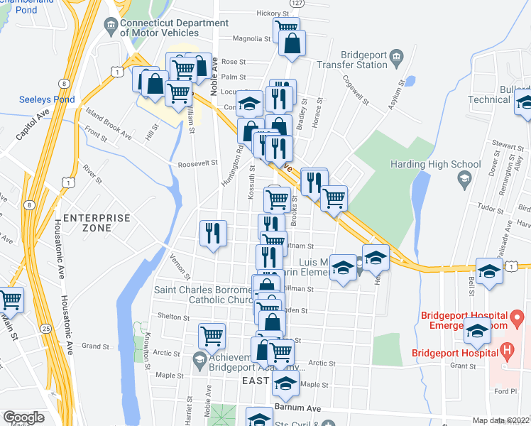 map of restaurants, bars, coffee shops, grocery stores, and more near 1567 East Main Street in Bridgeport