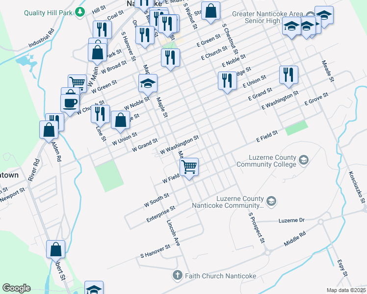 map of restaurants, bars, coffee shops, grocery stores, and more near 63 West Washington Street in Nanticoke