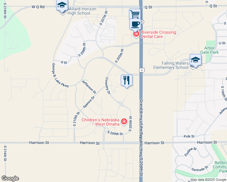 map of restaurants, bars, coffee shops, grocery stores, and more near 6060 Coventry Drive in Omaha