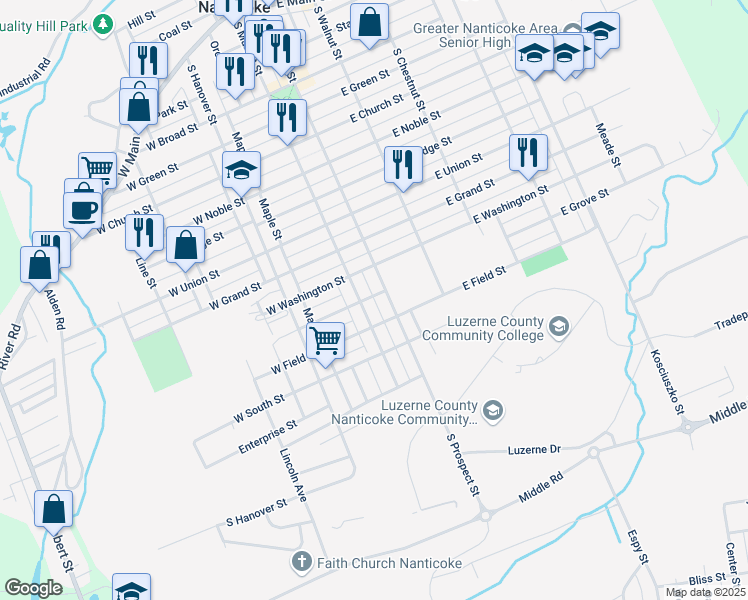map of restaurants, bars, coffee shops, grocery stores, and more near 13 East Grove Street in Nanticoke