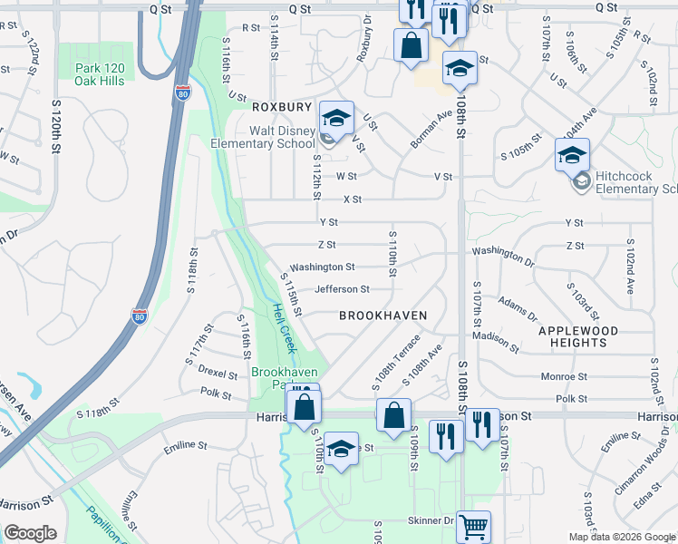 map of restaurants, bars, coffee shops, grocery stores, and more near 11117 Washington Street in Omaha
