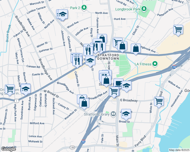map of restaurants, bars, coffee shops, grocery stores, and more near 216 King Street in Stratford