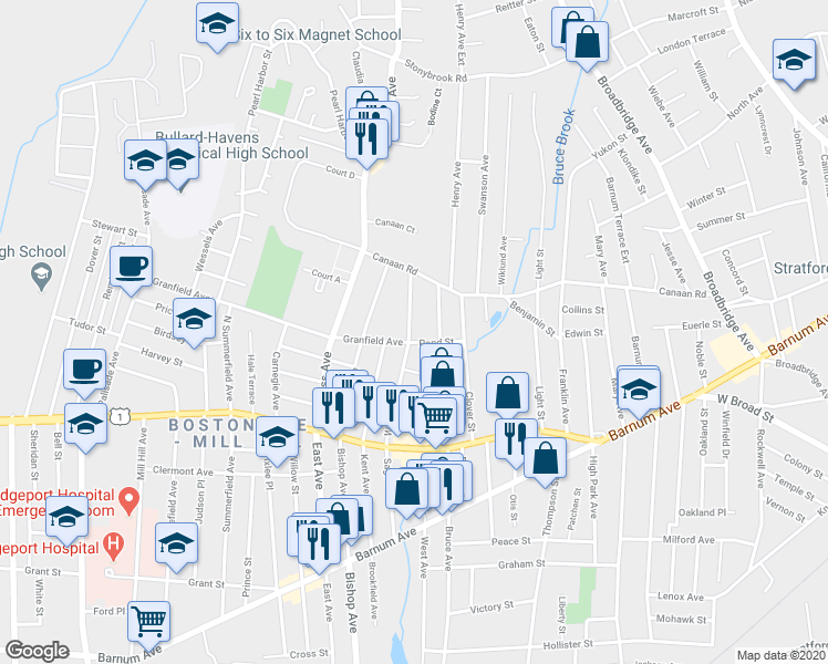 map of restaurants, bars, coffee shops, grocery stores, and more near 243 Weber Street in Stratford