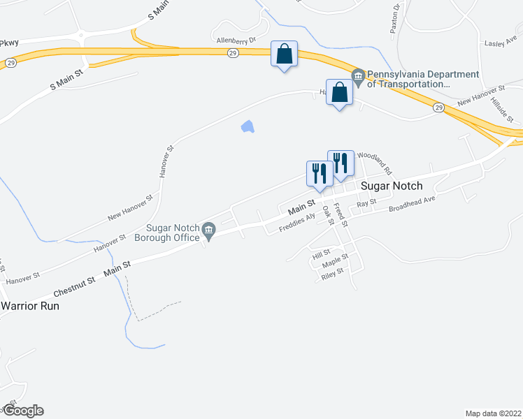 map of restaurants, bars, coffee shops, grocery stores, and more near 198 Walnut St in Sugar Notch